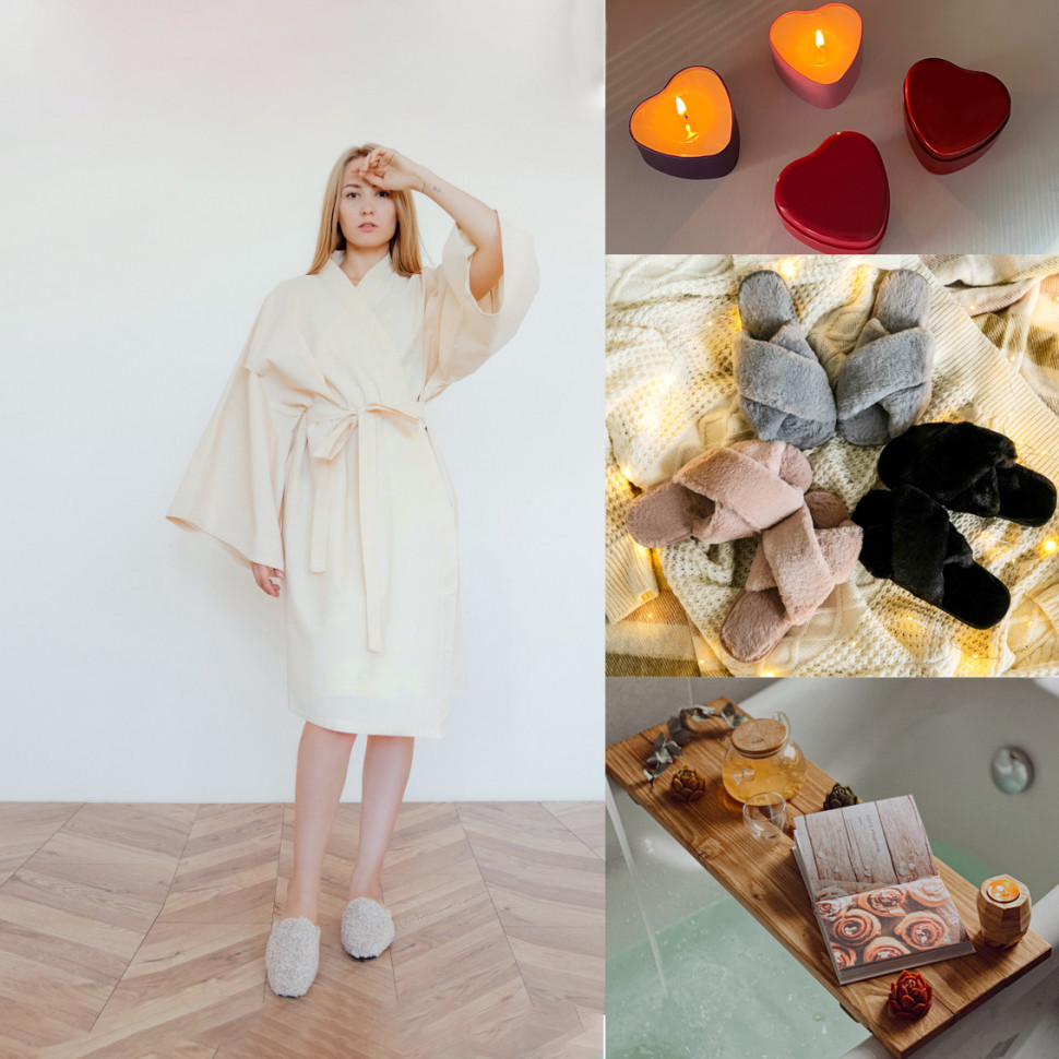 Home Relax Set (Халат-кимоно, столик для ванны, домашние тапочки и соевая свеча)
