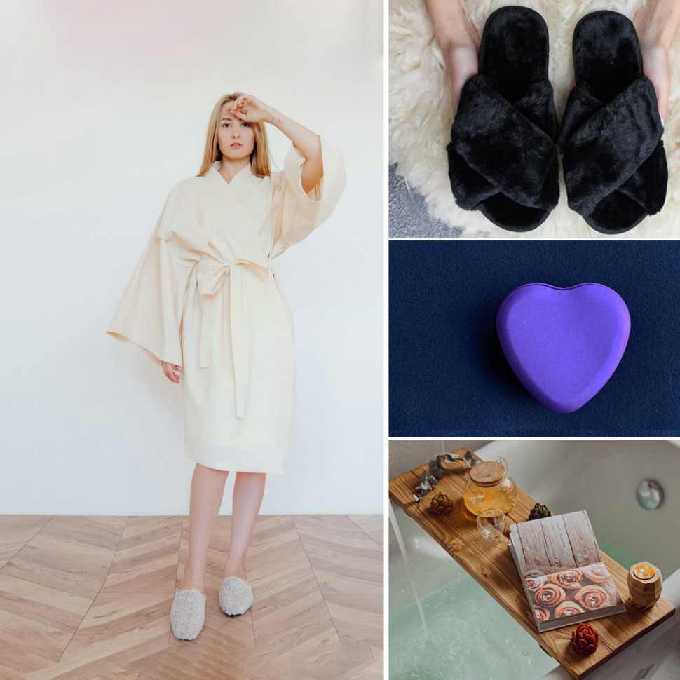 Home Relax Set (Халат-кимоно, столик для ванны, домашние тапочки и соевая свеча)