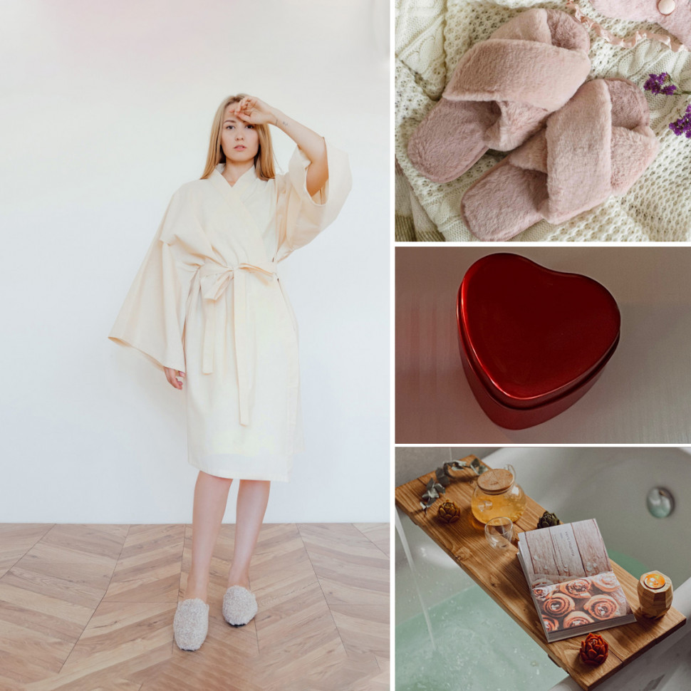 Home Relax Set (Халат-кимоно, столик для ванны, домашние тапочки и соевая свеча)