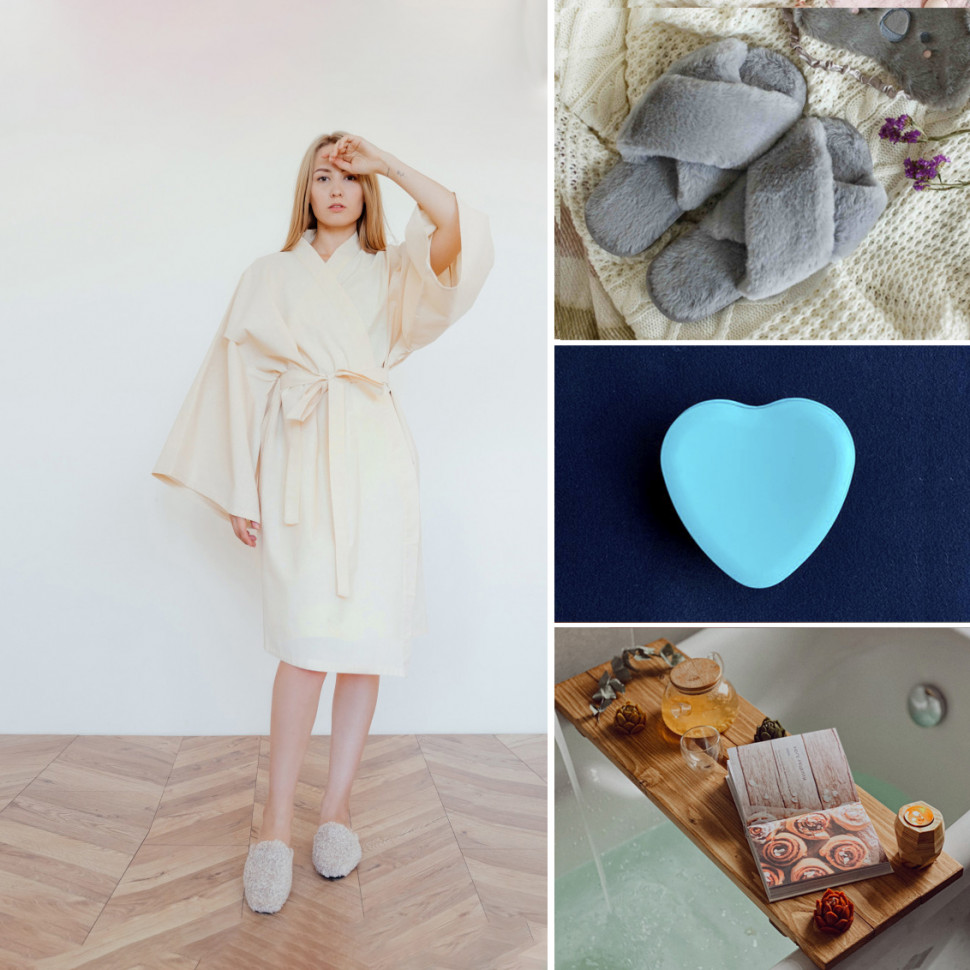 Home Relax Set (Халат-кимоно, столик для ванны, домашние тапочки и соевая свеча)