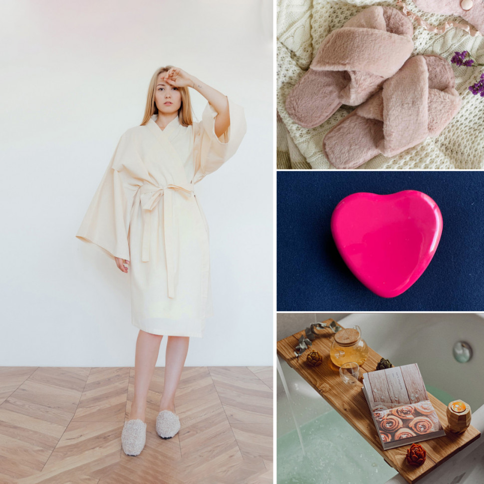 Home Relax Set (Халат-кимоно, столик для ванны, домашние тапочки и соевая свеча)