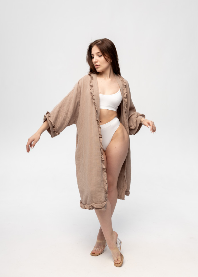 Кімоно Pretty з мусліну довге бежеве з рюшами