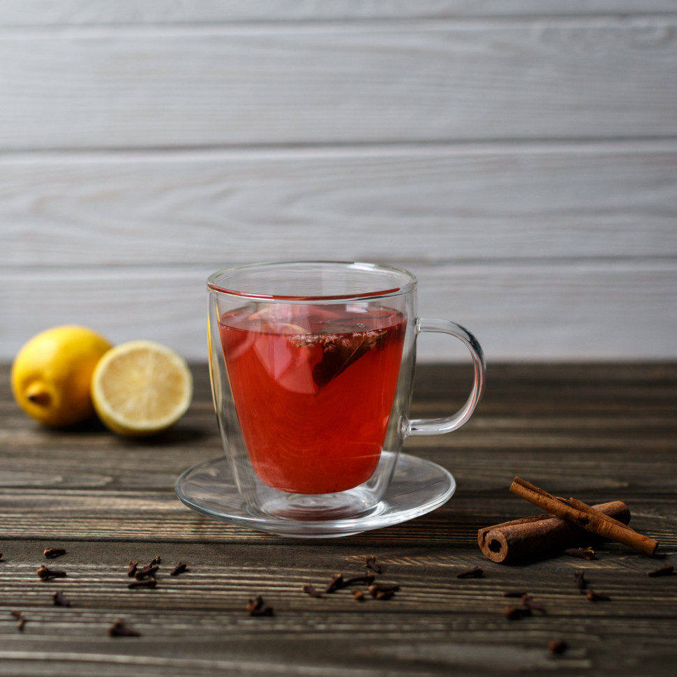 Стеклянная кружка с двойной стенкой и блюдце Handled Set